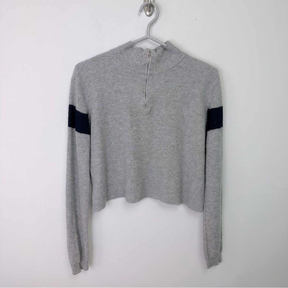 BRANDY Melville Cropped Mock Neck Zipper Striped Sweater